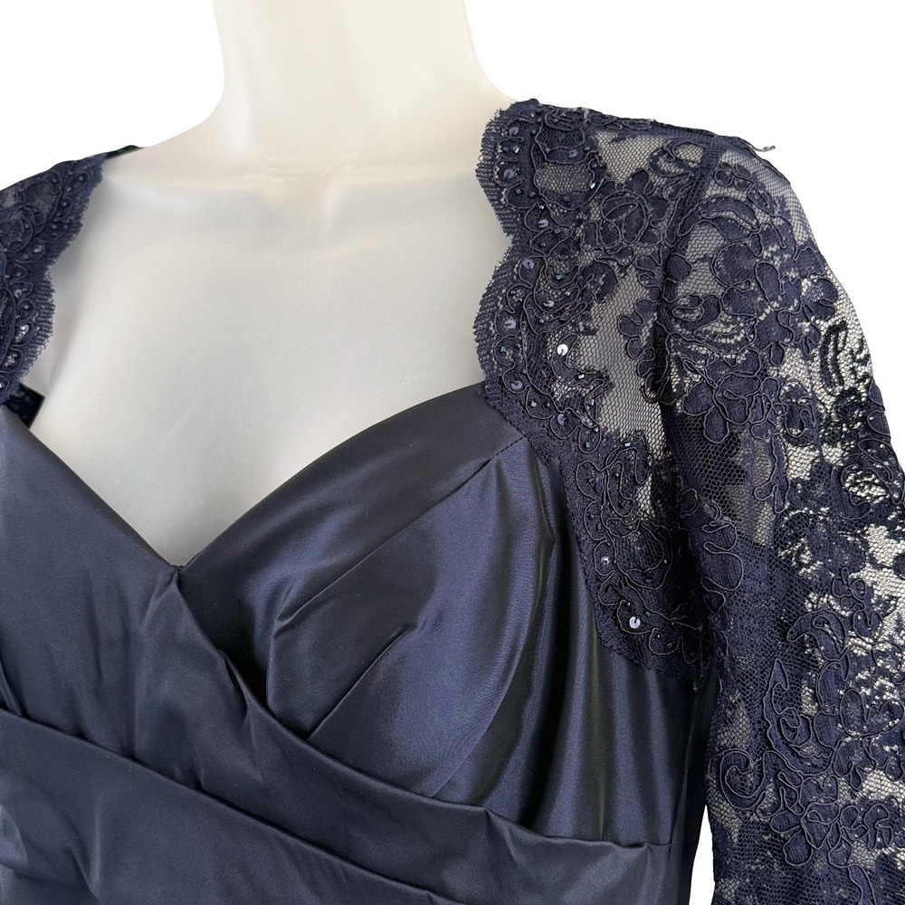 Teri Jon Dress Womens 8 Navy Blue Lace Sequin Mermaid Maxi Ruched Formal Gown - Picture 3 of 16